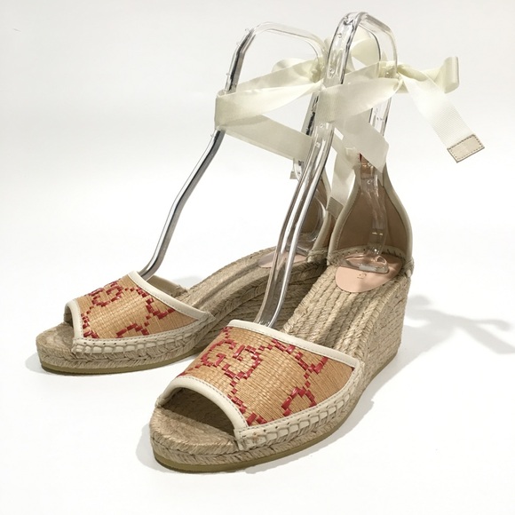 GUCCI GG ESPADRILLE WEDGE SANDAL -ANKLE TIE -NATURAL BEIGE -WOMEN US 9.5 -NEW - Picture 7 of 11